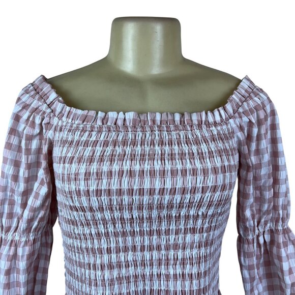 Mi Ami Women Pink Plaid Off-Shoulder Smocked Crop Top Sz M - Picture 4 of 8